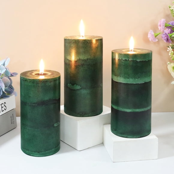 Velas tipo pilar de color verde oscuro FLAVCHARM, 7,5 x 15 cm, aroma a abeto, paquete de 3