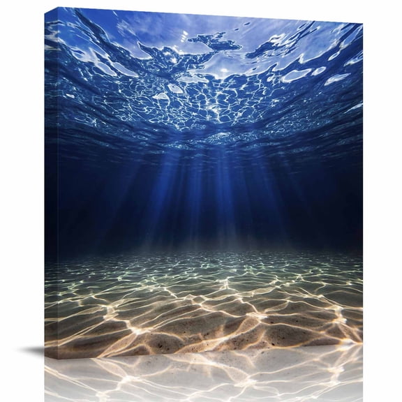 Framed Canvas Wall Art for Living Room Ocean Beaches Wall Decor, Navy Blue Light Clear Water Aesthetic Paintings for Bedroom Office Kitchen Bathroom, Ready to Hang Artwork Wall Pictures 8x8 Inch
