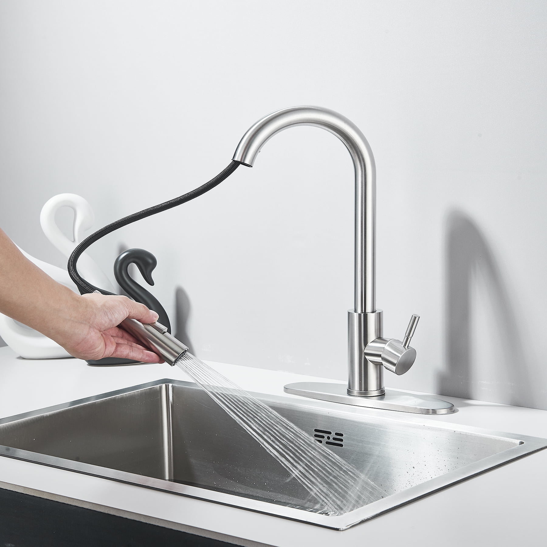 Zovajonia Modern Brushed Nickel Stainless Steel Kitchen Sink Faucets with Pull Down Sprayer, Single Handle，high arc，with 10 inch Deck Plate，1 or 3 Hole