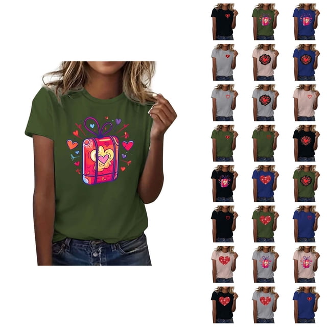 T-shirts de la Saint-Valentin pour Femmes 2026 à la Mode Manches Courtes Col Rond avec Cœur Graphique