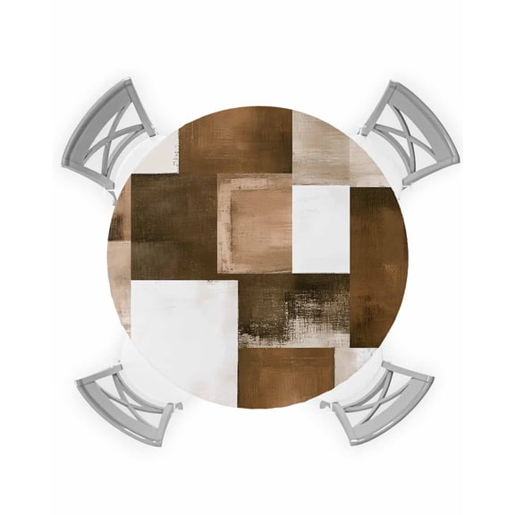 nqOlkjepod Brown Geometric Round Tablecloth, Fitted Table Cover with Elastic for 55"-60" Round Tables, Vintage Oil Painting Contemporary Table Cloth Outdoor Dinning Party Waterproof Tablecloths