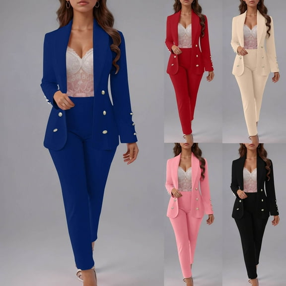 YHAJDS Two Piece Set for Women,Suits for Women Business Casual Women Pants Suit Long Sleeve Solid Color Button Lapel Blazer and Side Zipper Pants Fashion 2 Piece Fall Winter Outfits