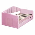 thumbnail image 5 of DRNANLIT Twin Size Upholstered Velvet Daybed with Trundle, USB Charging Ports & Side Pockets, Modern Convertible Sofa Bed for Bedroom Living Room, No Box Spring Needed,Pink, 5 of 9