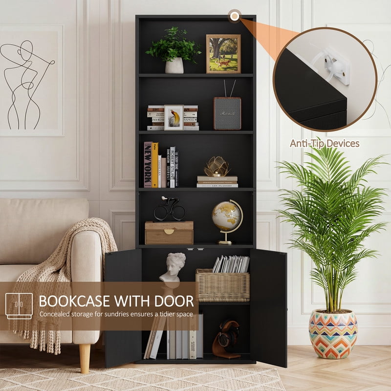 Walsunny Bookcase with Doors, 6-Tier Bookshelf with Storage, Farmhouse Bookshelves with Cabinet, Storage Display Shelf for Living Room Home Office, Black