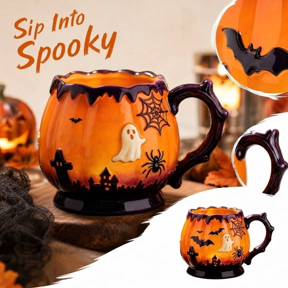 Halloween Coffee Mug 3D Ceramic Pumpkin Design Spooky Drinkware for Home Holiday Celebrations Glossy Orange 4.5 X 4 X 4 Inch Single Cup