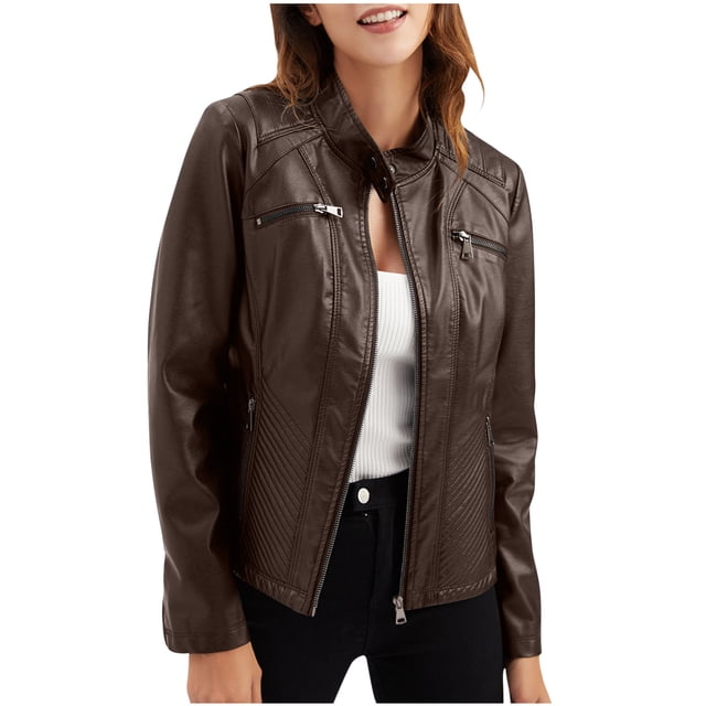 CEHVOM Veste en Cuir Décontractée pour Femmes avec Col Montant Veste Ajustée Couleur Unie pour Femmes en Liquidation