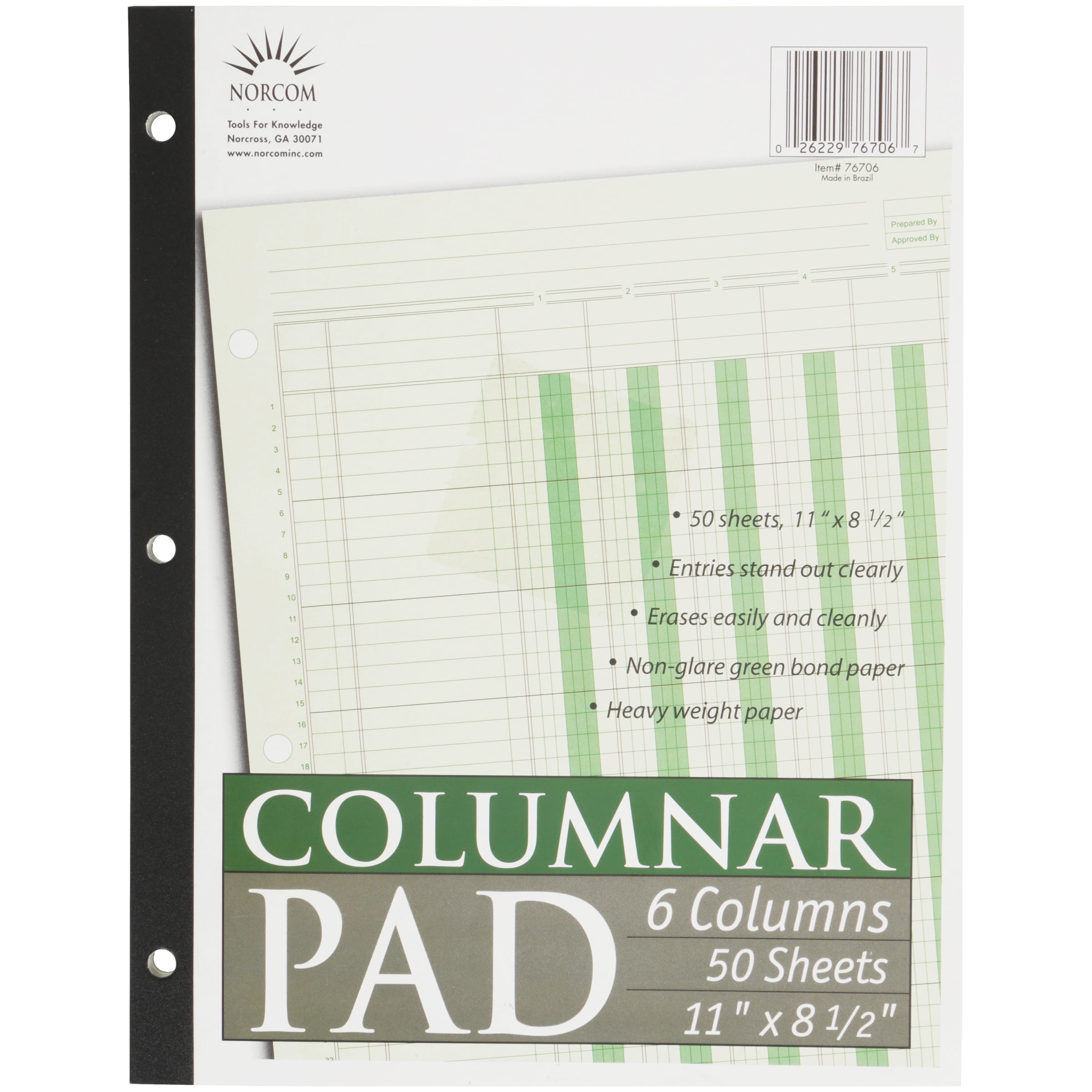 Norcom, Columnar Ledger Pad, 6 Columns, 8.5" x 11", Letter Size, 50 Sheets