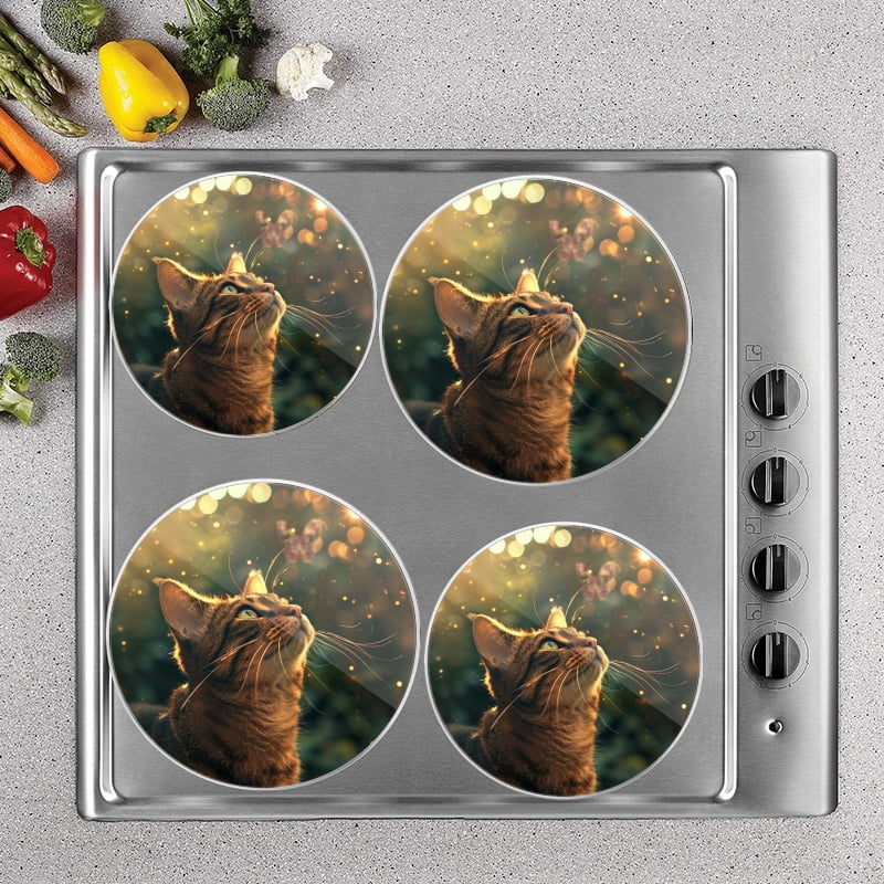 BaHomeck Electric Stove Burner Covers Set of 4,Round Metal Gas Stove Burner Covers 8 Inch and 10 Inch,Kitchen Decor,Beautiful Cat In The Garden Looking At Butterfly