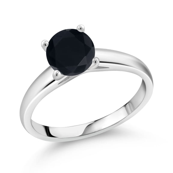 Gem Stone King 1.28 Ct 7mm Round Black Onyx 10K White Gold Ring (Size 9)