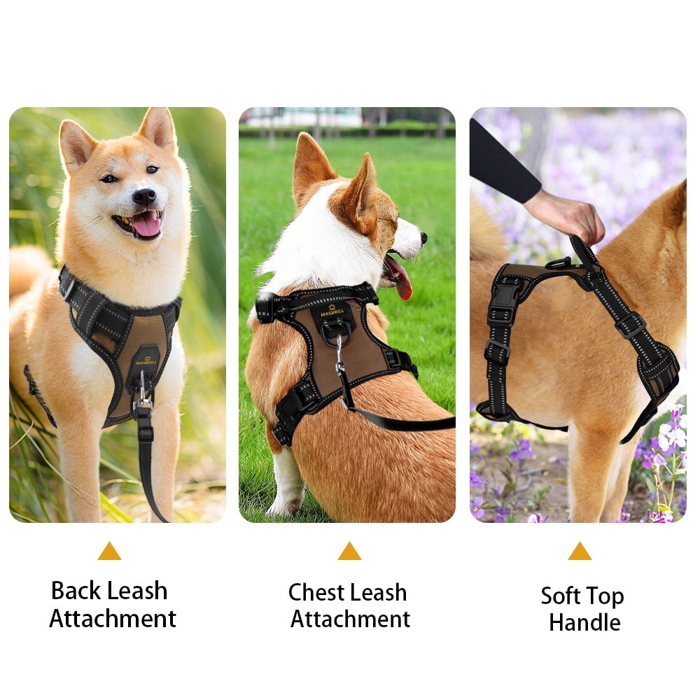 MASBRILL Reflective Dog Harness No Pull Dog Vest Harness with Handle, Breathable Padded Dog Chest Harness Adjustable for Large Dog-Brown XL