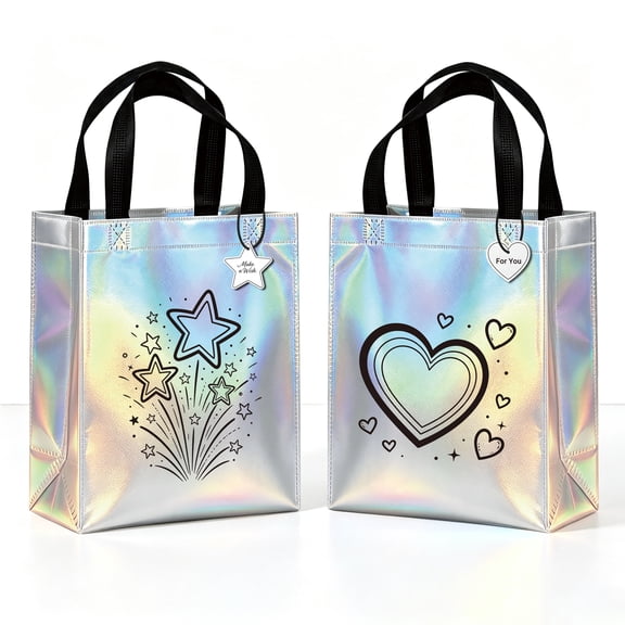 PMHZI Iridescent Holographic Gift Bags, 12 Pack Reusable Tote Bags with Handles for Party Favors