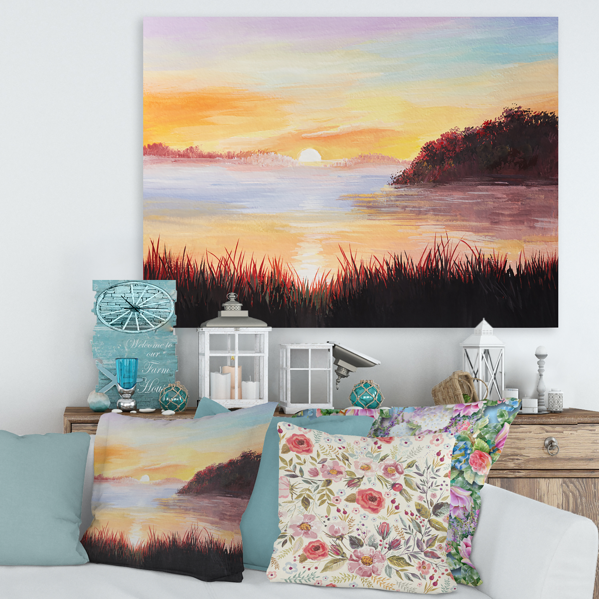 Designart ' The Reeds On The Lake In Evening Glow ' Nautical & Coastal Canvas Wall Art Print