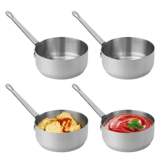4 Pieces 3.5 Oz Stainless Steel Dipping Sauce Pots with Handle, Metal Ramekins Sauce Cup Dish, Reusable Steel Condiment Bowls Containers for Ketchup Dressing Seasoning (Silver)