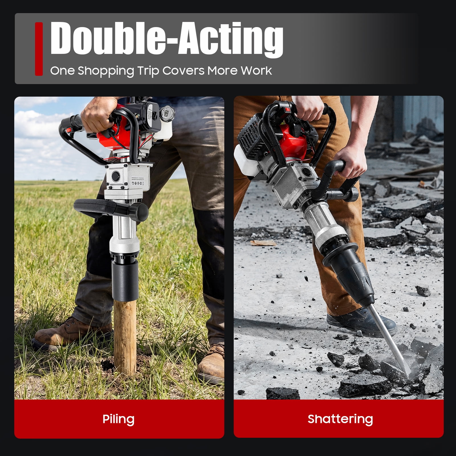Miumaeov 2-Stroke Gas Powered T Post Driver 32.7CC 1000W Gas Powered Pile Driver 2 IN 1 Fence Post Driver with Air Cooled T Post Driver Hammer Drill with Conversion Head, Chisel & 2 Sleeves