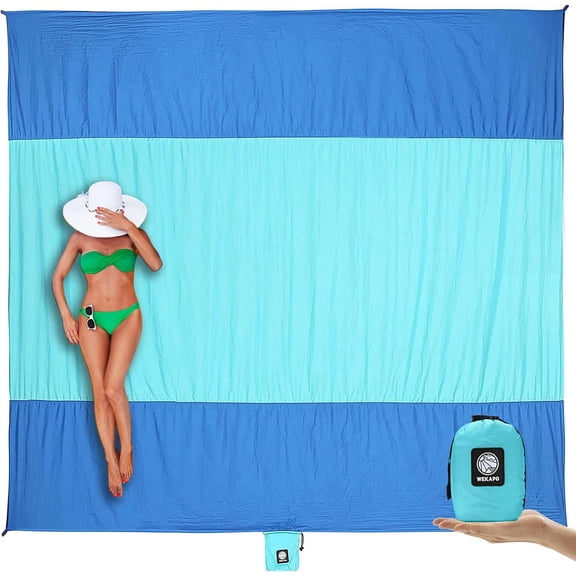 WEKAPO Beach Blanket Sandproof Waterproof, Extra Large Beach Mat, Oversized & Compact Sand Free Mat Quick Drying, Lightweight & Durable with 6 Stakes & 4 Corner Pockets