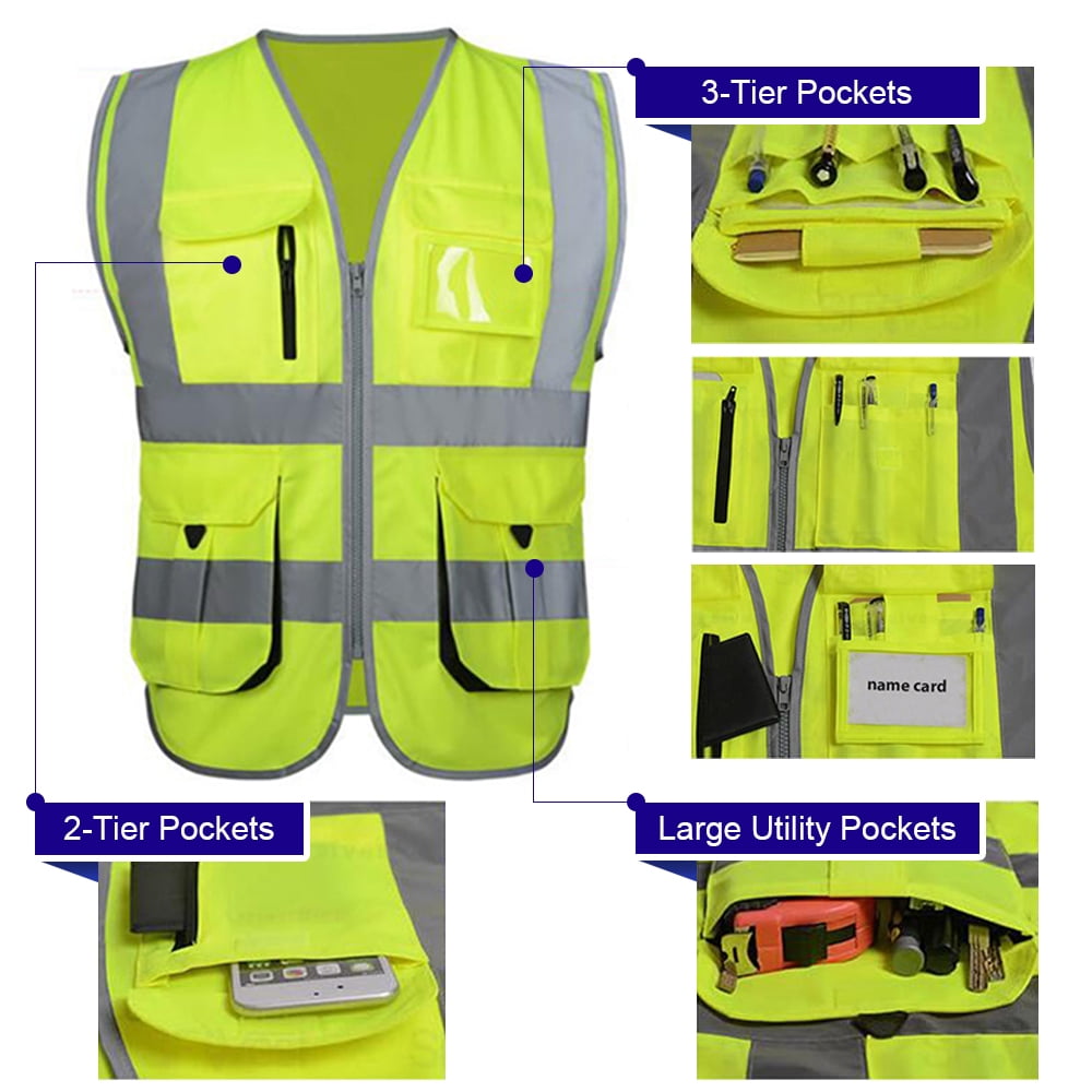 Toptie 10 Pockets High Visibility Safety Vest, Reflective Trim Safety Vest-Yellow/Black-2XL