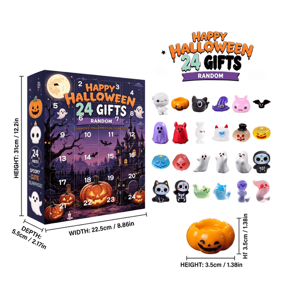 Halloween 24 Days Advent Calendar with Cute Mini Rubber Figurines, Spooky Cartoon Toy Countdown Box for Home Decor Party Holiday Gift
