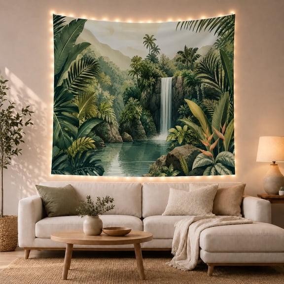 Tropical Waterfall in Misty Jungle, Serene Illustration for Nature Lovers, Botanical Wall Art, Housewarming Gift, Tapestry Wall Hanging for Bedroom and Living Room