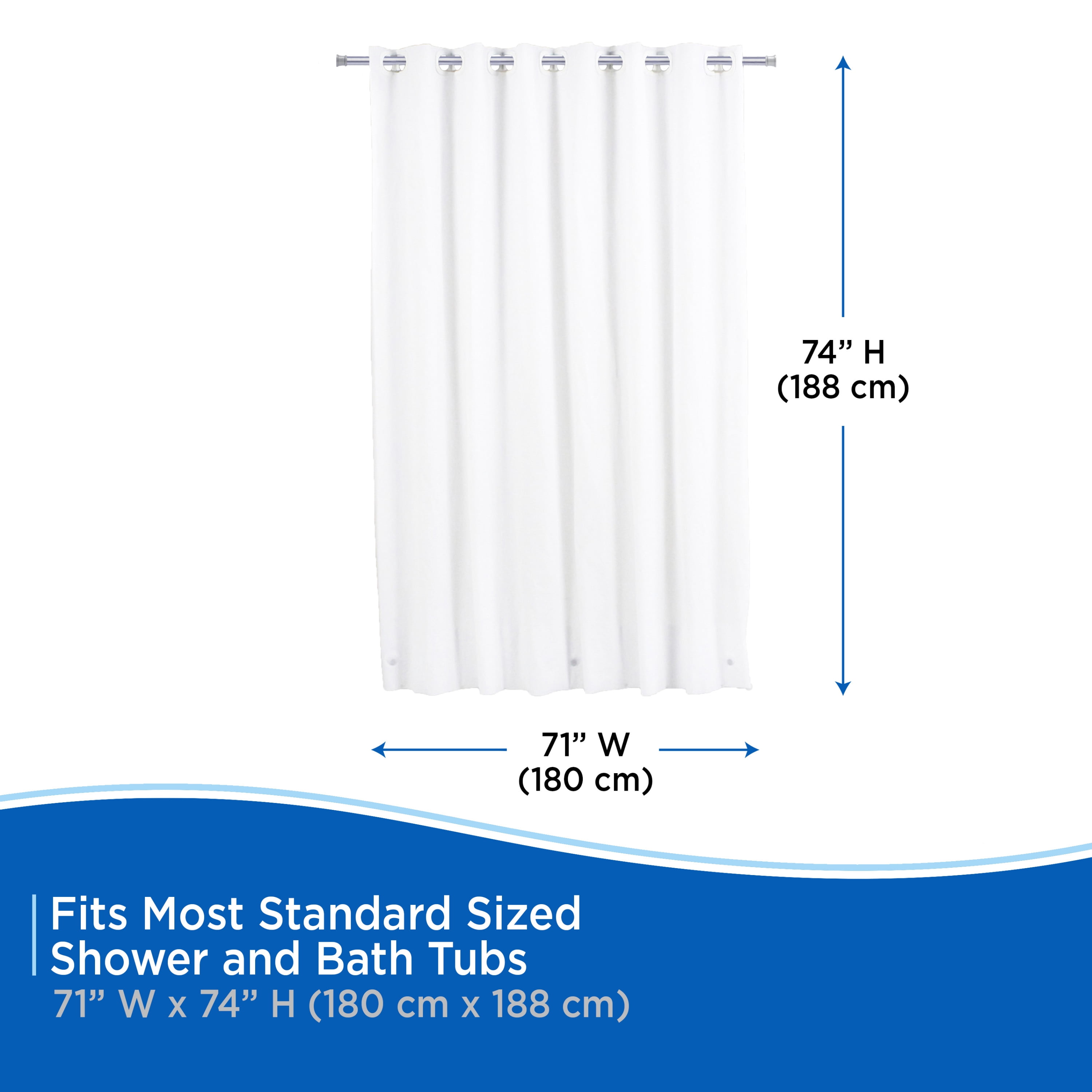 Kenney FlexHook Medium Weight PEVA Shower Curtain Liner, 71" W x 74" H, Clear