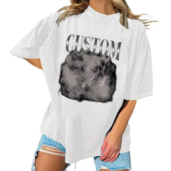 YDLCAFD Formal Tops for Women Personalised T Shirts Custom with Face Photos Text in Plus Size Casual Crew Neck Overcut Shoulders Loose Hoodies Nike T Shirts Women Y2K Tops for Women