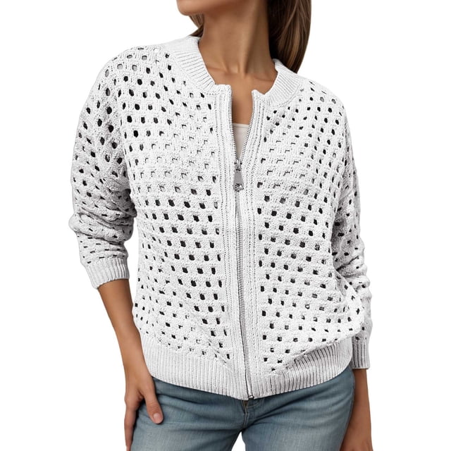 Veste Décontractée Grande Taille pour Femmes, Tricotée Ajourée avec Fermeture Éclair, Cardigan Ouvert à la Mode pour Automne Hiver
