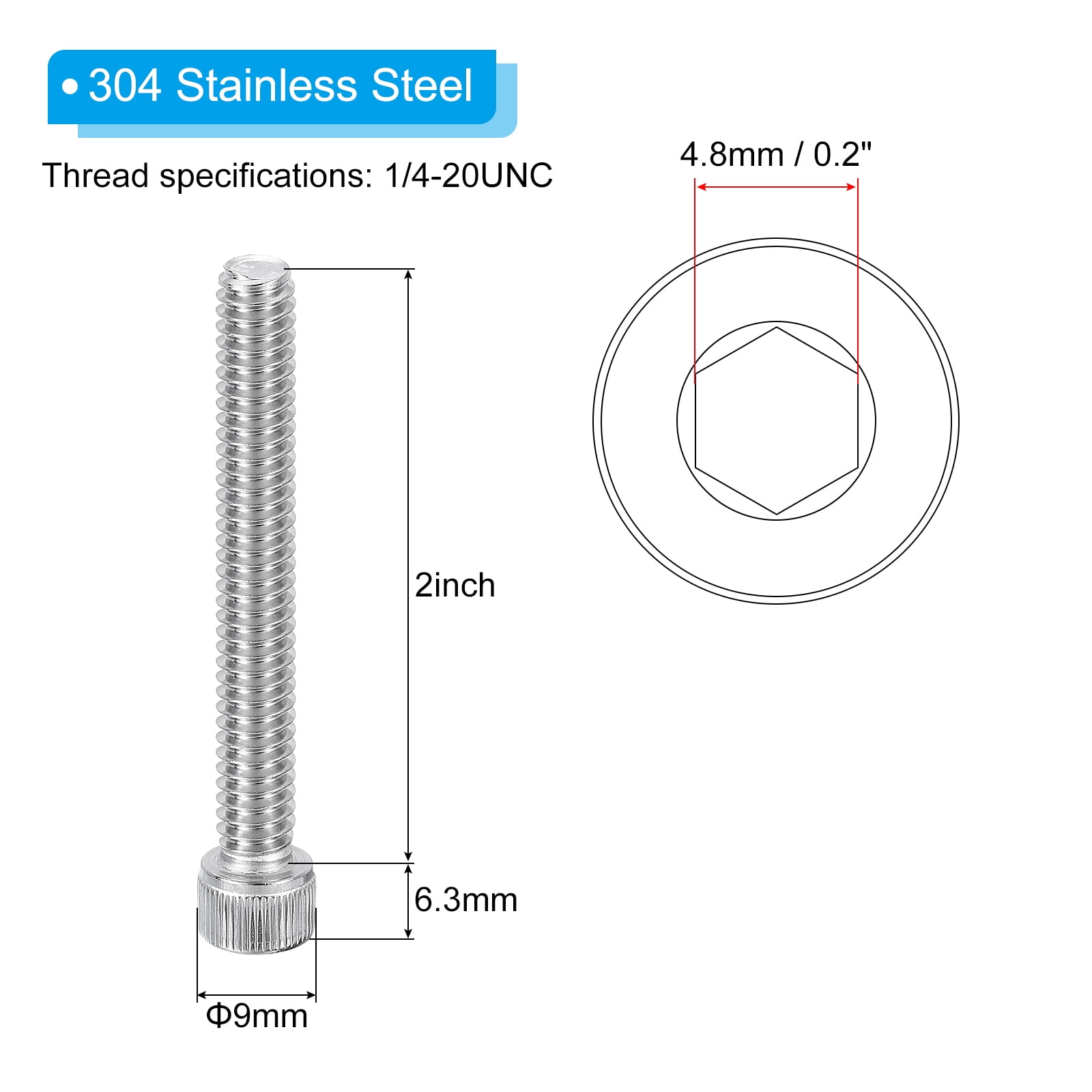 Uxcell 1/4-20 x 2" Hex Socket Cap Head Screw Bolt, 30Pcs 304 Stainless Steel 18-8, Machine Full Thread