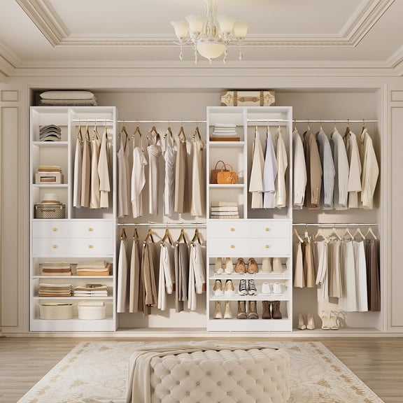 Closet System, Up to 134"/11.2 FT Closet Organizer with 4 Wooden Drawers, Walk-in Closet System with 6 Hanging Rods, Can Fit 96"/8FT, 120"/10FT, White