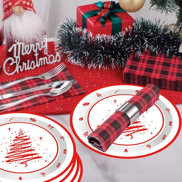TaTaai Gift 16Pcs Merry Christmas Plates Party Supplies,Red and White Disposable Christmas Tree Snowflake Table Dinnerware Paper Plates for Holiday Xmas Party Decorations