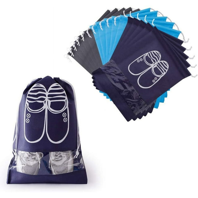 Bolsa para zapatos de 15 piezas, fundas transpirables de tela no tejida con cordón, ventana transparente, a prueba de polvo, compatible con viajes y almacenamiento en casa.