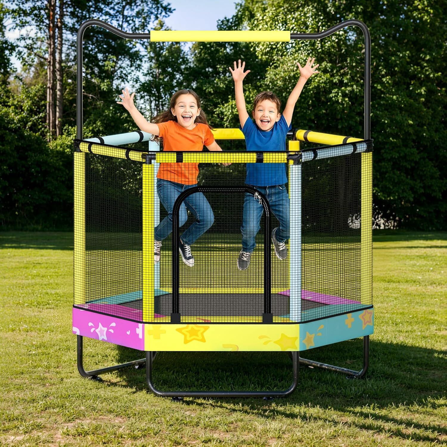 MOOSENG 7-in-1 Kids Trampoline with Safety Enclosure Net, 60" Hexagonal Toddler Trampoline with 500lbs Capacity, Indoor Outdoor Fun for Ages 1-8, Adjustable Handrail