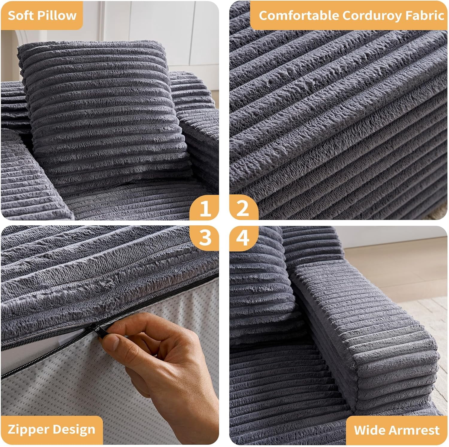 Akaber 31″W Sleeper Couch, Chaise Lounge Chair Indoor, Soft Corduroy Boneless Reading Chairs for Living Room, Bedroom, Movie Room (Grey, Small)