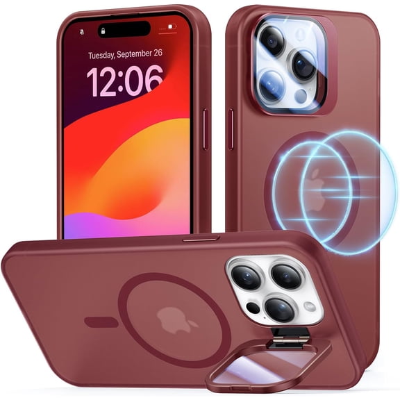 3 in 1 Magnetic Shockproof for iPhone 15 Pro Case,[Full Camera Protection] with Slim Camera Holder Stand,Fit for MagSafe [Military Grade Drop Tested] Translucent Matte Phone Cover 6.1", Claret