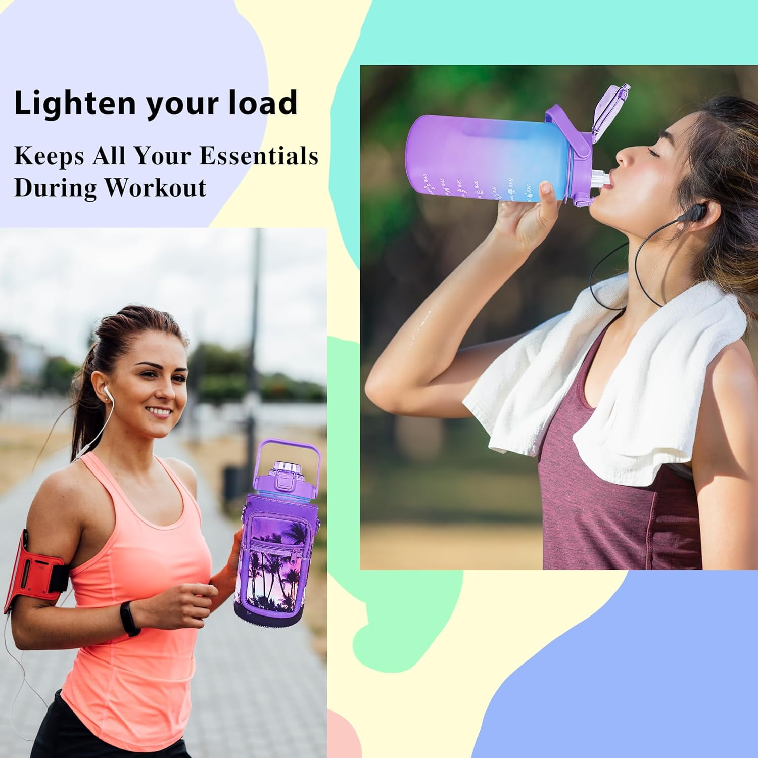 64 oz Water Bottle with Straw Sleeve & Strap Motivational BPA Free Half Gallon Water Jug with Handle for Gym Women Men Aesthetic Water Bottle with Strap Coconut Tree