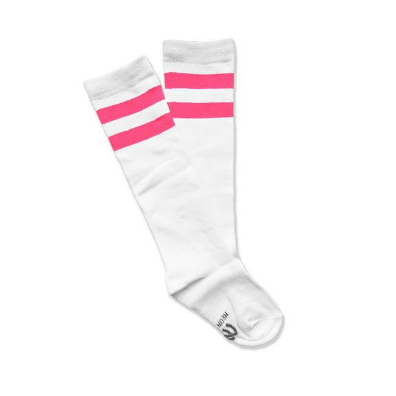 Kid Size White Knee High Socks with Various Colored Stripes (White with Neon Pink Stripes)