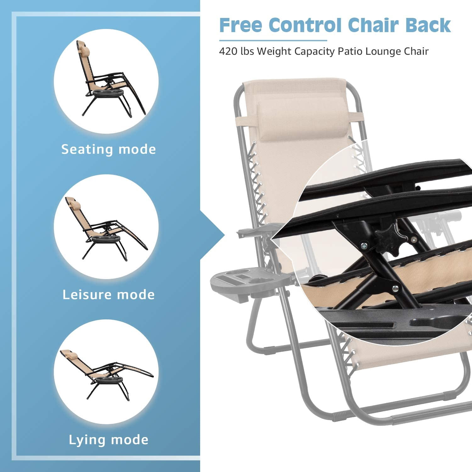 Vineego 3 Pieces Zero Gravity Chair Patio Foldable Chaise Lounge Chairs 2 Beach Chairs and Table with Cup Holders,Beige