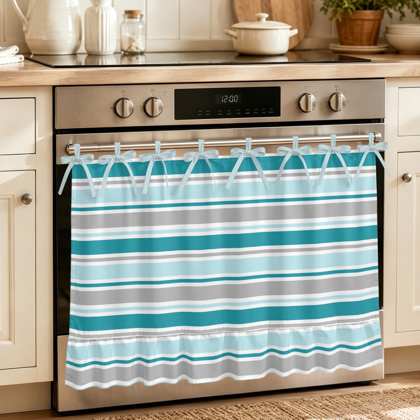 Oven Curtain for Kitchen Turquoise Gray Striped Stove Curtain With Ruffled Trim Dishwasher Curtains Geometric Horizontal Stripes Oven Skirt 32 x24