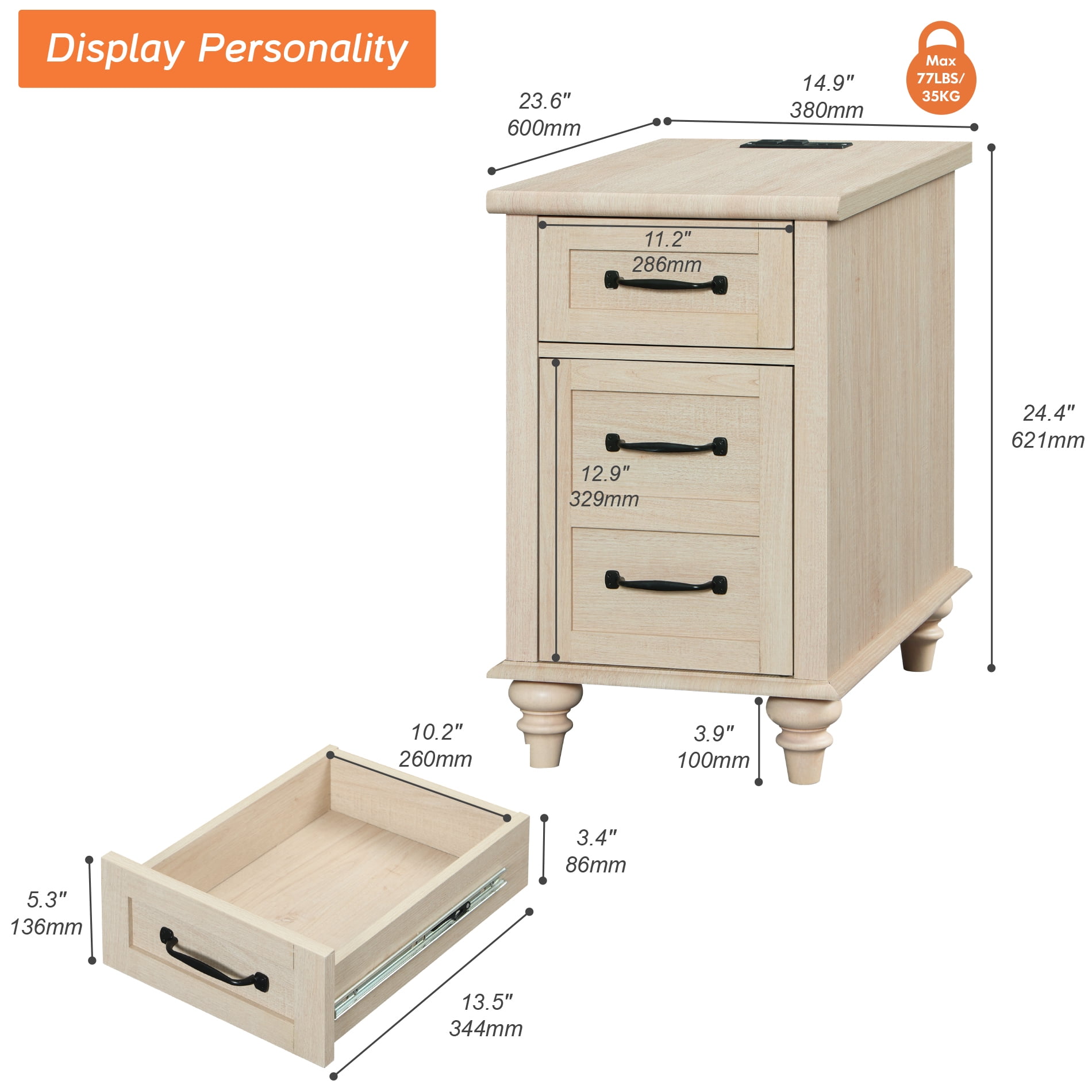 Beige Side Table with Drawer & Cabinet, Elegant End Table with Charging Station, Wooden Nightstand for Bedroom, Living Room