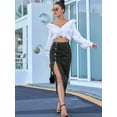 thumbnail image 3 of Womens Casual Slit Denim Midi Jean Skirt Stretch High Waist Frayed Button Up Black XS, 3 of 8