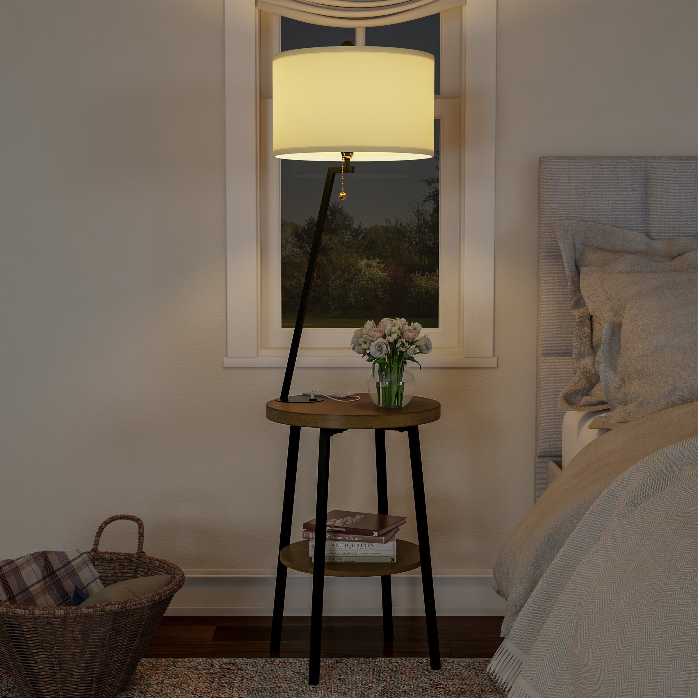 Lavish Home 58-inch Floor Lamp with Table - Mid-Century Nightstand with USB Charging Port and Drum Shade