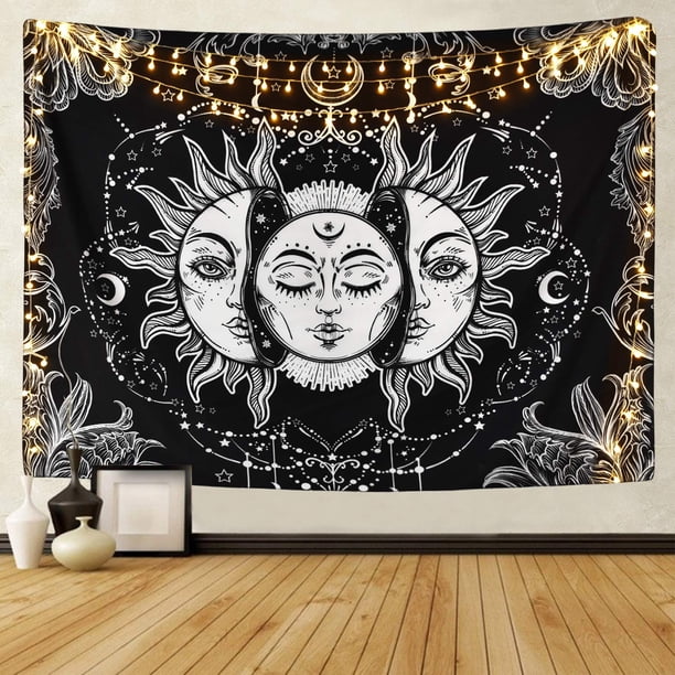 Tapiz de sol y luna Tapiz de sol ardiente en blanco y negro con estrellas Tapiz psicodélico Tapiz indio para habitación