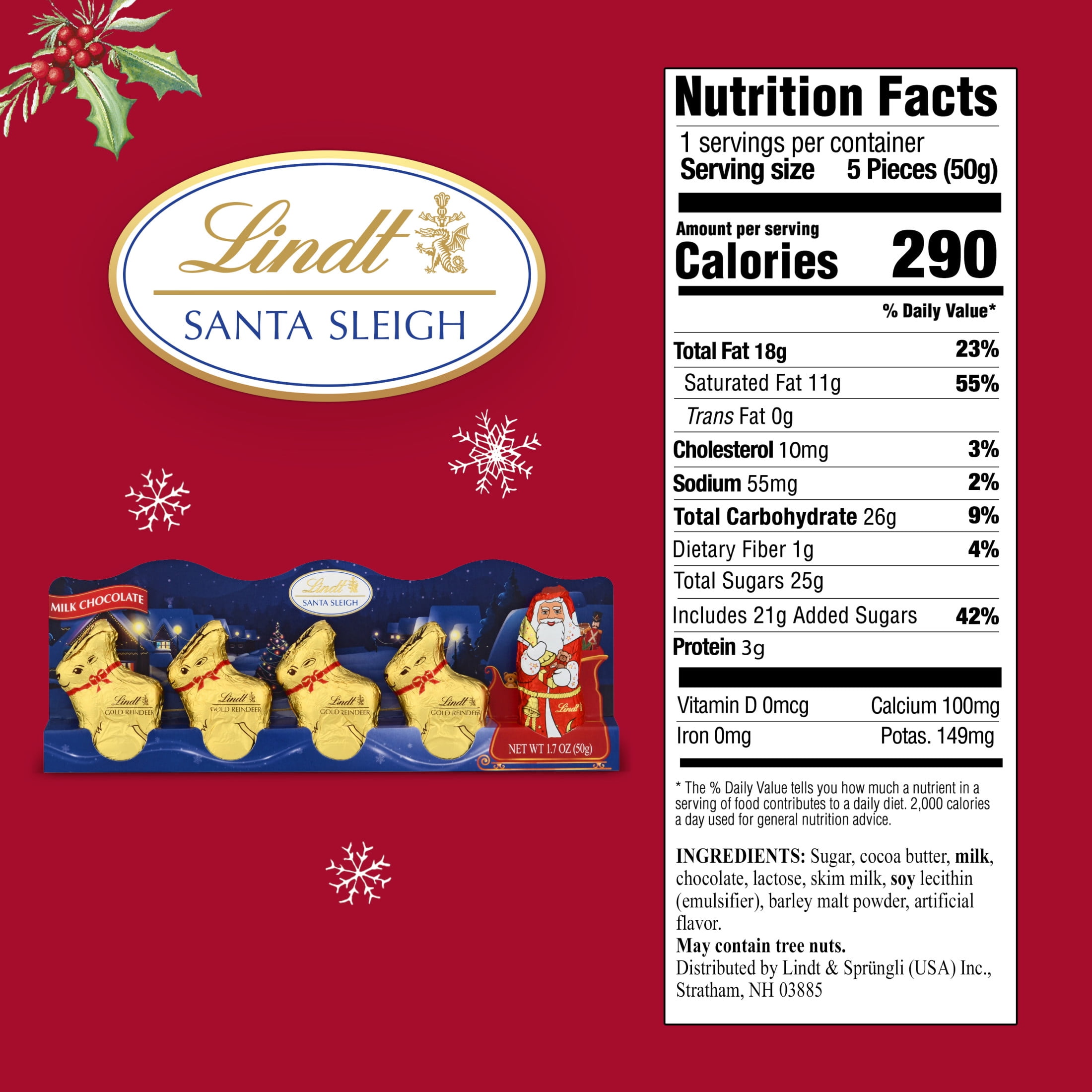 Lindt Christmas Mini Sleigh Swiss Milk Chocolate Candy, 1.7 oz., 5