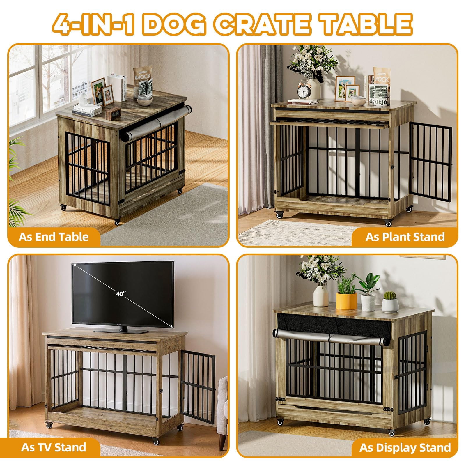 38" Dog Crate Furniture, Double Door Pet Cage End Table with Wheels for Medium and Large Breed Dogs
