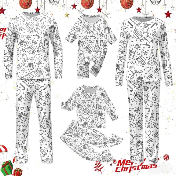DIY Hand Painted Coloring Matching Family Christmas Pajamas Set Printing Long Sleeve Pullover Top and Pants with Nightgown for Adults