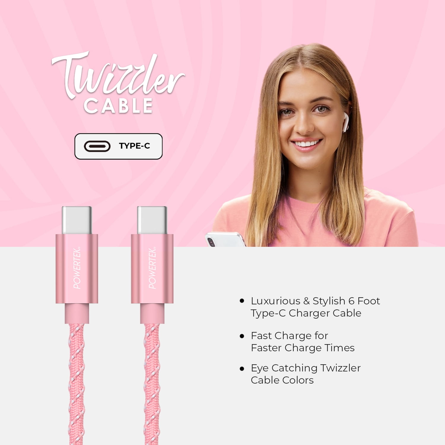Liquipel Powertek Twizzler USB-C to USB-C - Pink