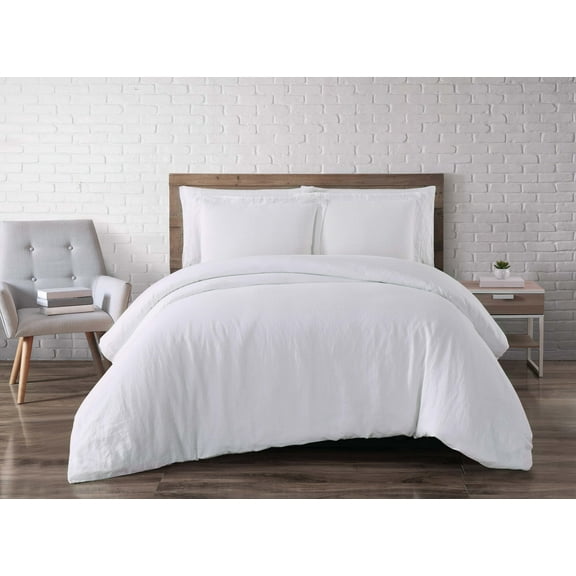 Brooklyn Loom Solid 100% Linen 3-Piece Full/Queen Duvet Set in White, Linen , Adult, All Season, OEKO-TEX Certified