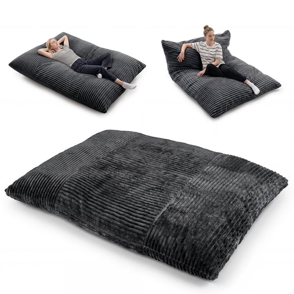 Gymax Convertible Bean Bag Floor Sofa w/Machine-washable Corduroy Cover Soft Sponge Dark Gray