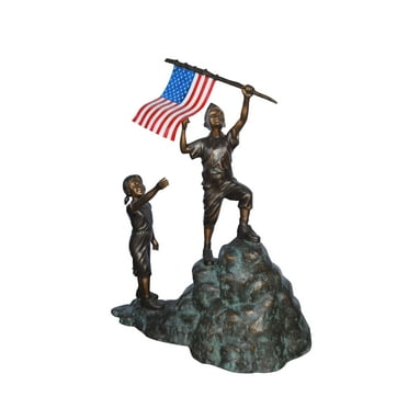 Two Kids on Rock W the American Flag Bronze Statue -  Size: 50"L x 22"W x 58"H.