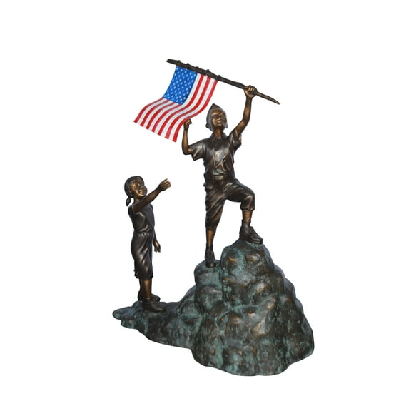 Two Kids on Rock W the American Flag Bronze Statue - Size: 50"L x 22"W x 58"H.