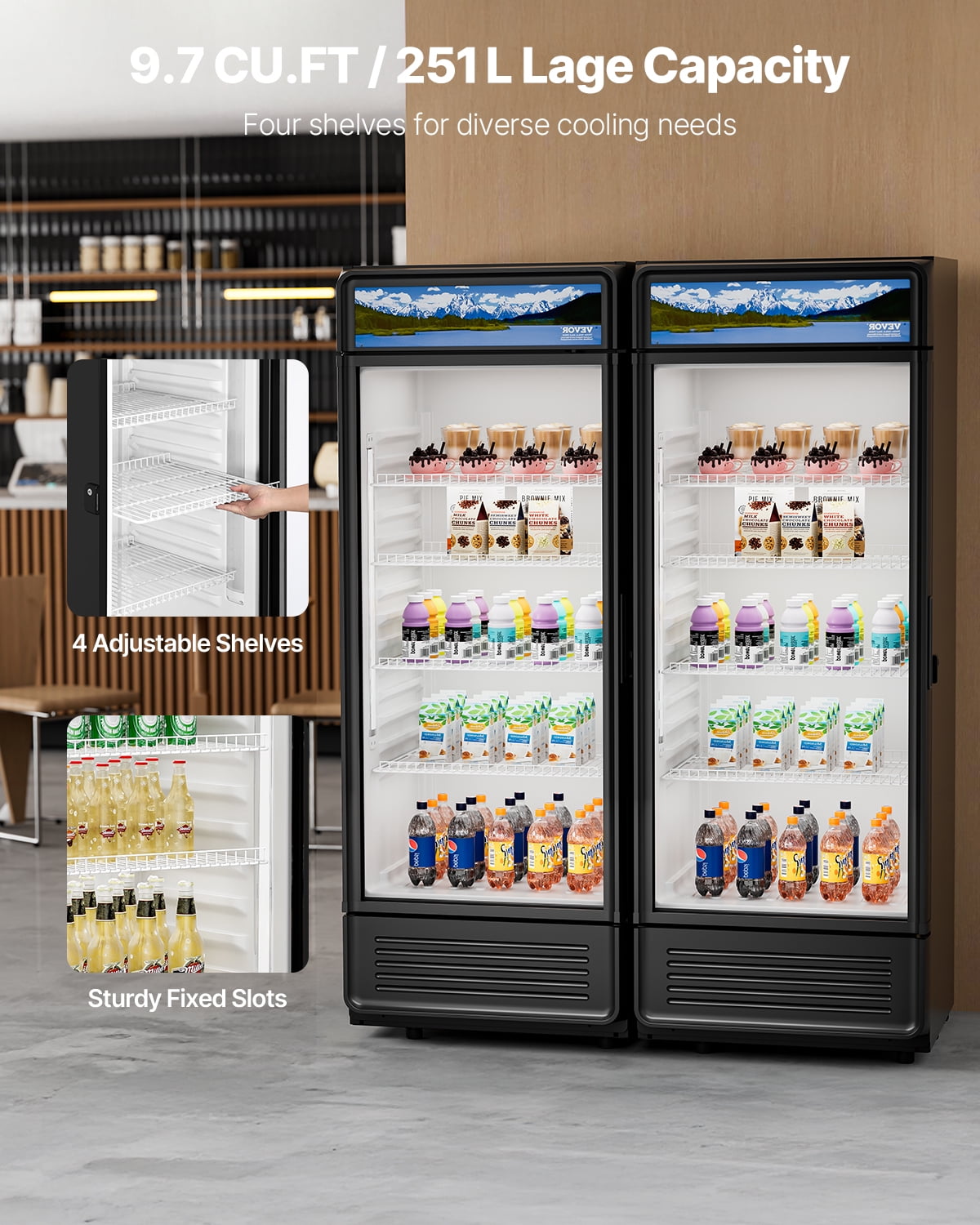 VEVOR Commercial Merchandiser Refrigerator, 9.7 CU.FT Glass Door Display Refrigerator, Beverage Refrigerator Cooler Merchandiser with Adjustable Shelves, Soft LED Light,Customizable Lightbox,Black