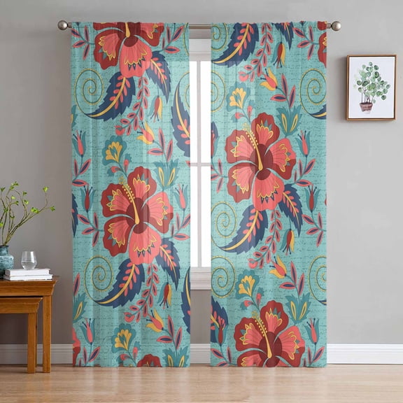 ERUNPONLY Teal Red Boho Floral Sheer Curtains 96 Inch Length 2 Panels Set, Vintage Southwestern Ethnic Tribe Voile Window Treatment Sheer Long Curtains for Bedroom/Living Room/Kitchen 52"x96"x2